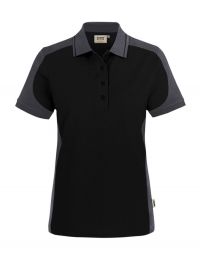 Schwarzes Damen Arbeits Poloshirt mit dunkelgrauen Kontrasteinsätzen und Vier-Loch-Knopfleiste – strapazierfähig und pflegeleicht für Handwerk, Pflege und Gastronomie